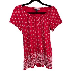 Karen Scott Peasant Top Floral Print‎ Short Sleeve Red Size Small